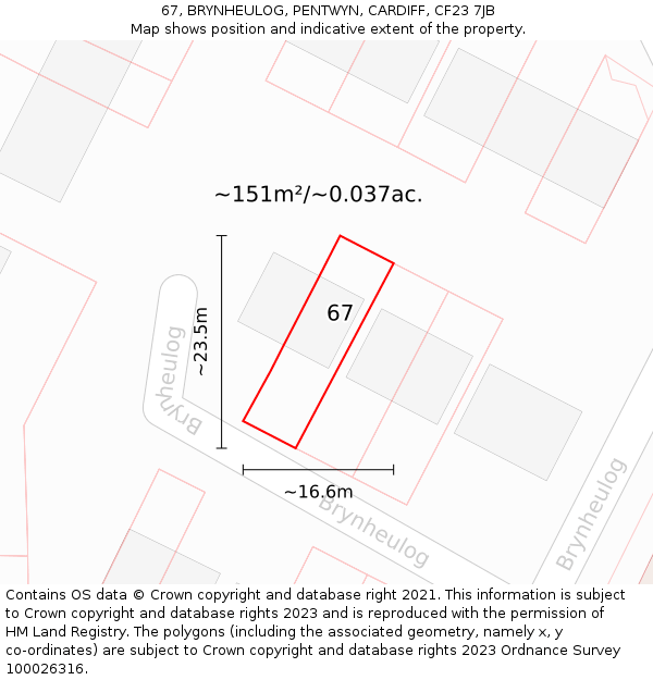 67, BRYNHEULOG, PENTWYN, CARDIFF, CF23 7JB: Plot and title map