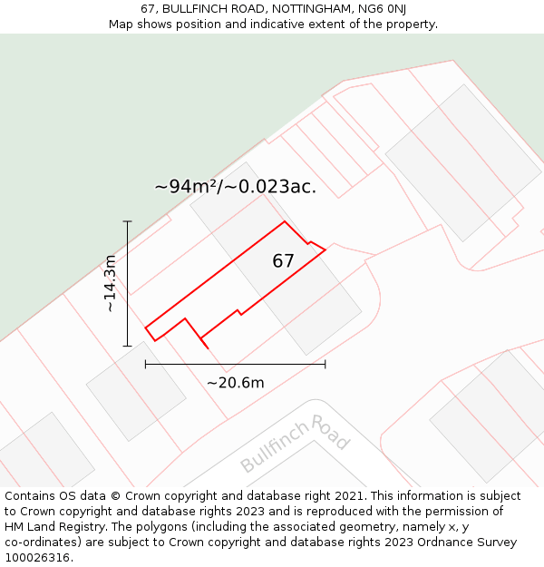 67, BULLFINCH ROAD, NOTTINGHAM, NG6 0NJ: Plot and title map