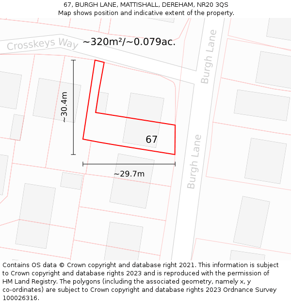 67, BURGH LANE, MATTISHALL, DEREHAM, NR20 3QS: Plot and title map