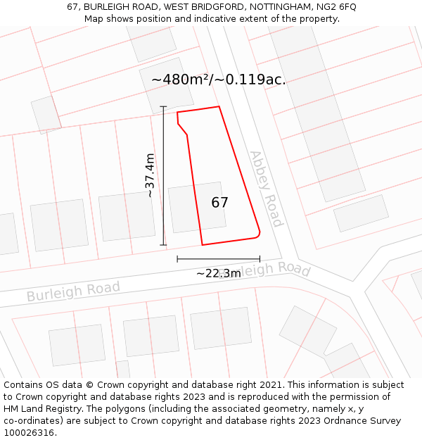 67, BURLEIGH ROAD, WEST BRIDGFORD, NOTTINGHAM, NG2 6FQ: Plot and title map