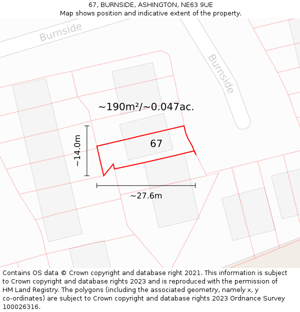 67, BURNSIDE, ASHINGTON, NE63 9UE: Plot and title map