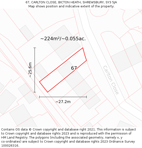 67, CARLTON CLOSE, BICTON HEATH, SHREWSBURY, SY3 5JA: Plot and title map