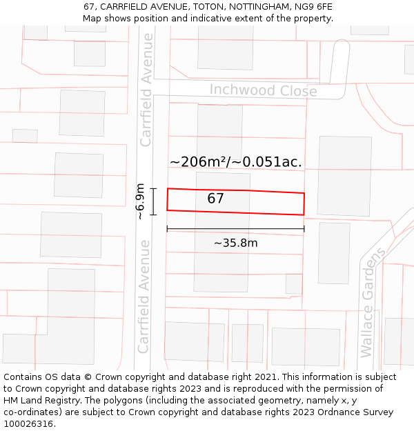 67, CARRFIELD AVENUE, TOTON, NOTTINGHAM, NG9 6FE: Plot and title map