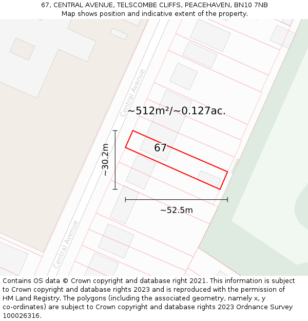 67, CENTRAL AVENUE, TELSCOMBE CLIFFS, PEACEHAVEN, BN10 7NB: Plot and title map