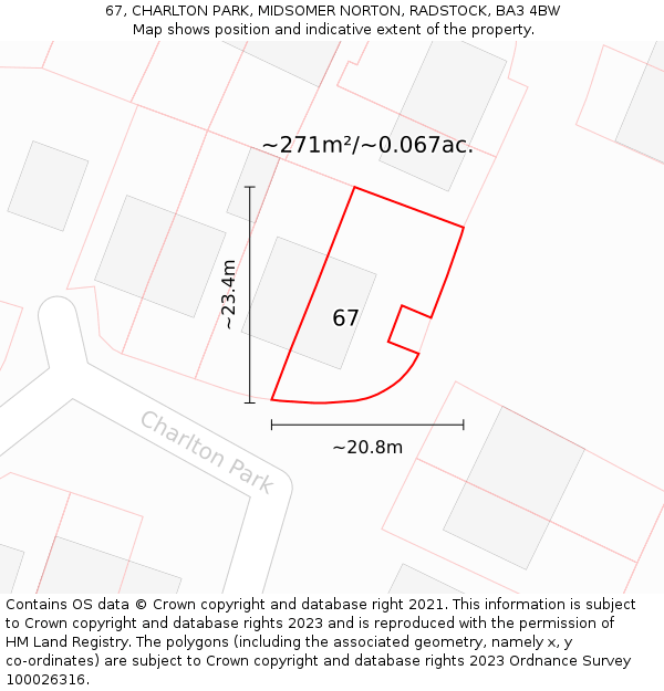 67, CHARLTON PARK, MIDSOMER NORTON, RADSTOCK, BA3 4BW: Plot and title map