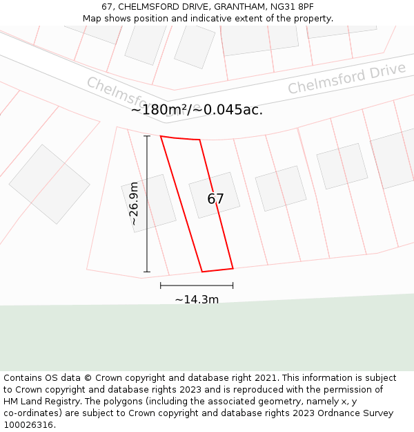 67, CHELMSFORD DRIVE, GRANTHAM, NG31 8PF: Plot and title map