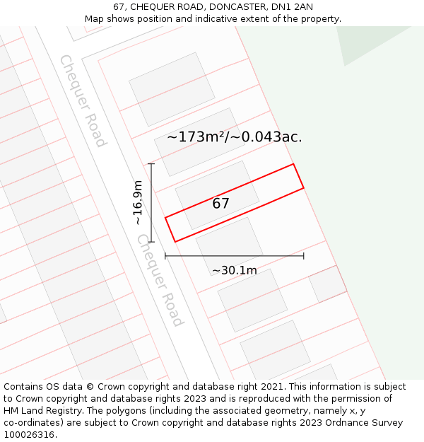 67, CHEQUER ROAD, DONCASTER, DN1 2AN: Plot and title map