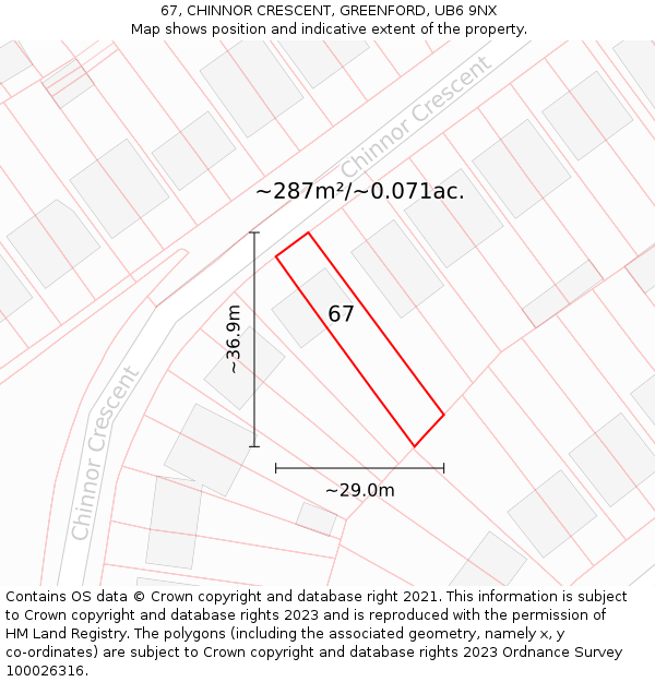 67, CHINNOR CRESCENT, GREENFORD, UB6 9NX: Plot and title map