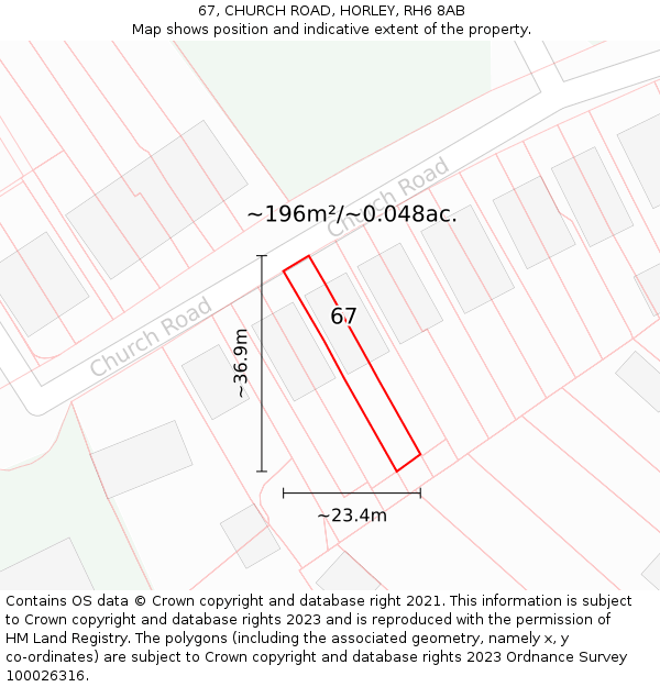 67, CHURCH ROAD, HORLEY, RH6 8AB: Plot and title map