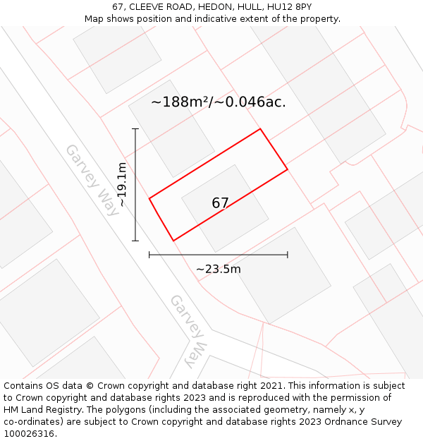 67, CLEEVE ROAD, HEDON, HULL, HU12 8PY: Plot and title map