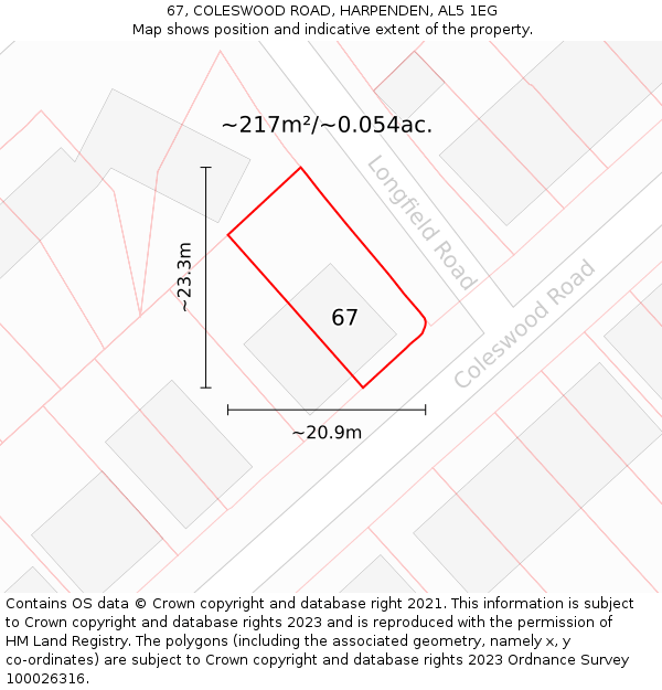 67, COLESWOOD ROAD, HARPENDEN, AL5 1EG: Plot and title map