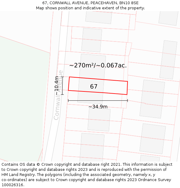 67, CORNWALL AVENUE, PEACEHAVEN, BN10 8SE: Plot and title map