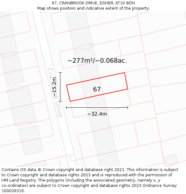 67, CRANBROOK DRIVE, ESHER, KT10 8DN: Plot and title map