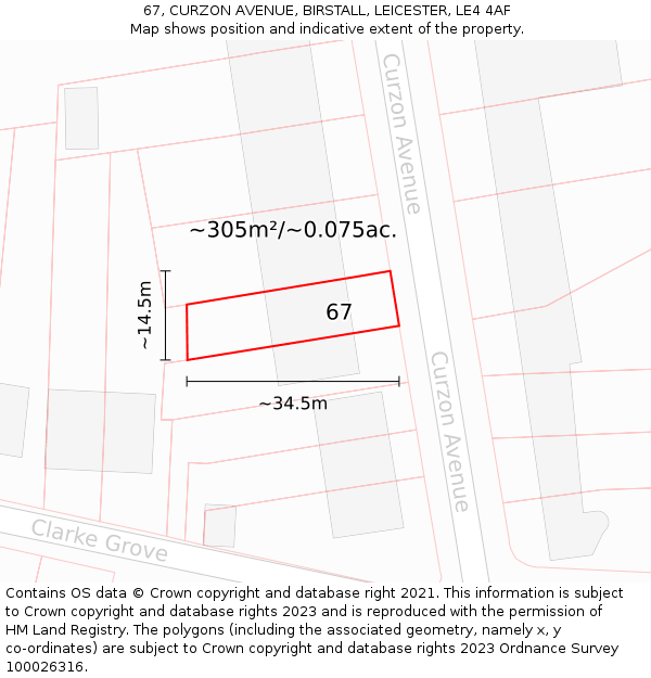 67, CURZON AVENUE, BIRSTALL, LEICESTER, LE4 4AF: Plot and title map