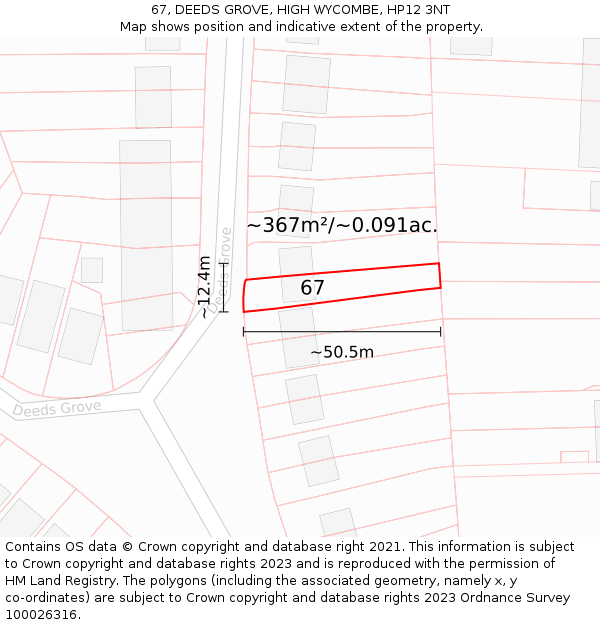 67, DEEDS GROVE, HIGH WYCOMBE, HP12 3NT: Plot and title map