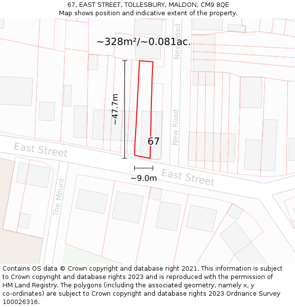 67, EAST STREET, TOLLESBURY, MALDON, CM9 8QE: Plot and title map