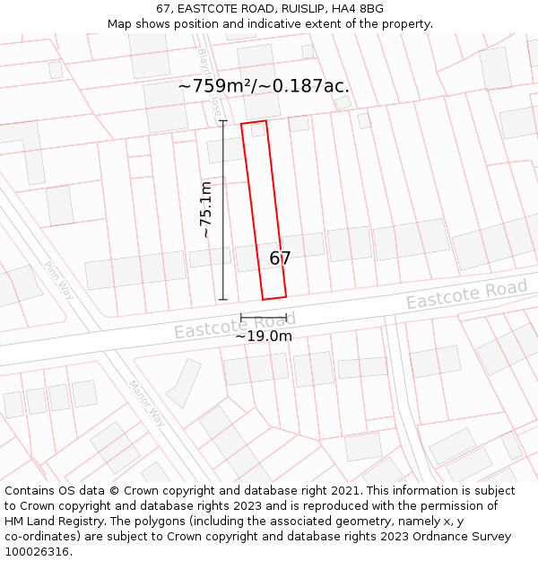 67, EASTCOTE ROAD, RUISLIP, HA4 8BG: Plot and title map