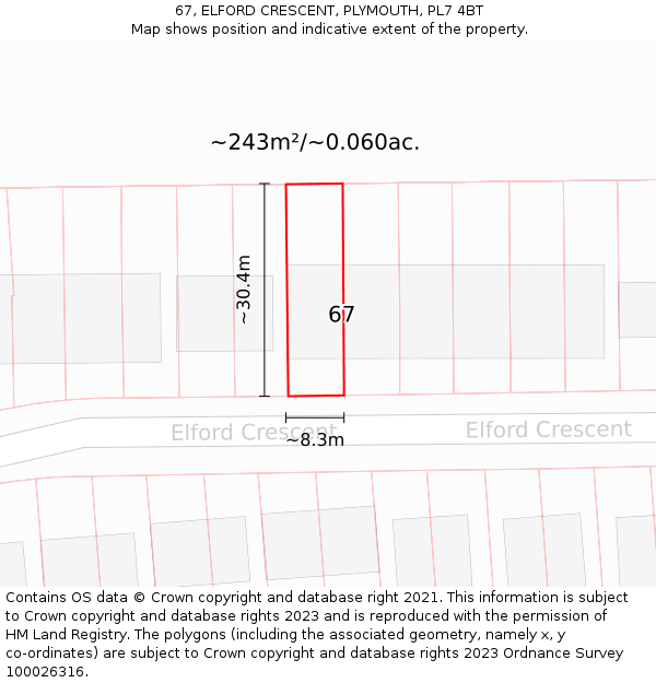 67, ELFORD CRESCENT, PLYMOUTH, PL7 4BT: Plot and title map