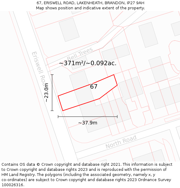 67, ERISWELL ROAD, LAKENHEATH, BRANDON, IP27 9AH: Plot and title map