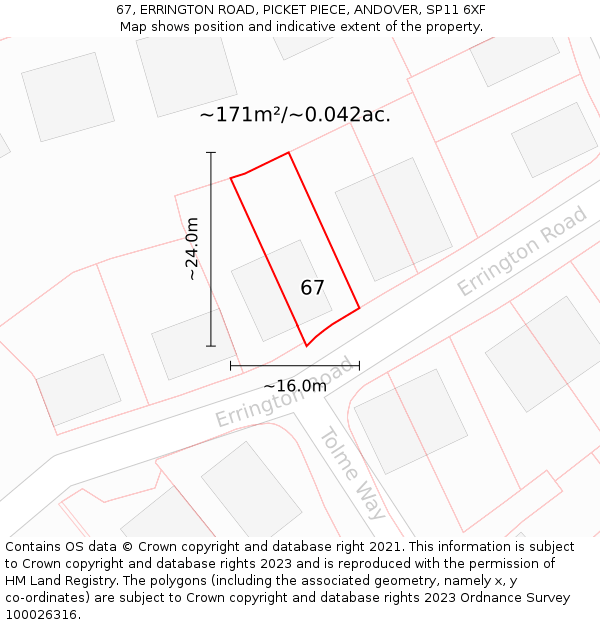 67, ERRINGTON ROAD, PICKET PIECE, ANDOVER, SP11 6XF: Plot and title map