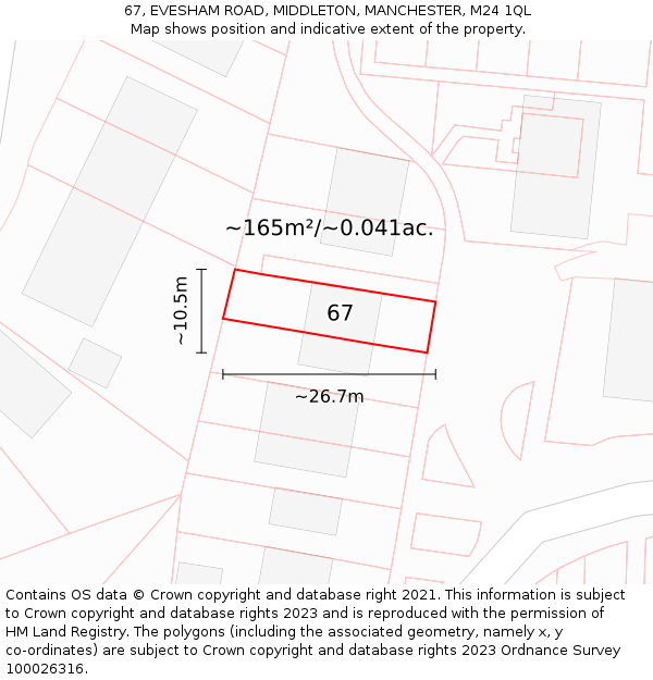 67, EVESHAM ROAD, MIDDLETON, MANCHESTER, M24 1QL: Plot and title map