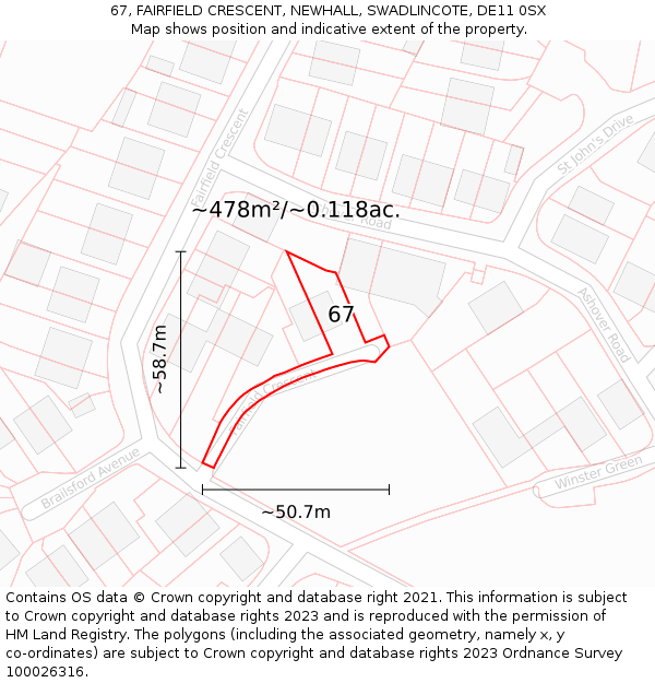 67, FAIRFIELD CRESCENT, NEWHALL, SWADLINCOTE, DE11 0SX: Plot and title map