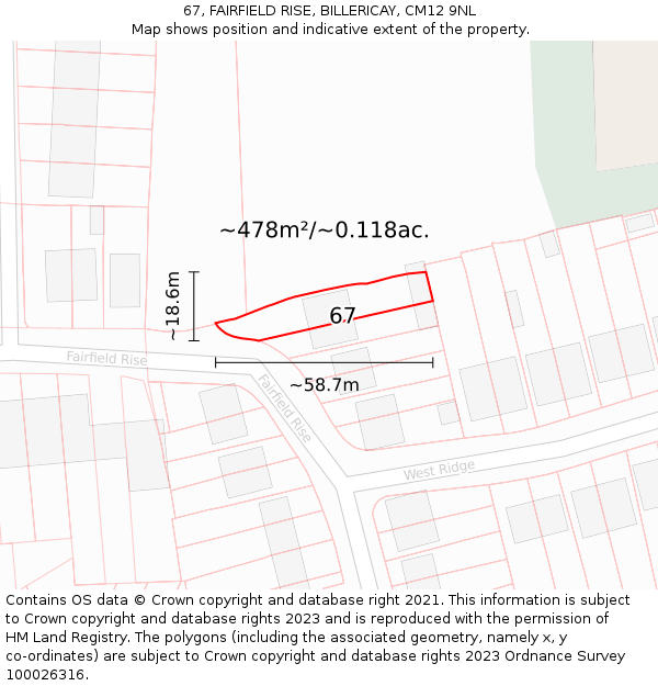 67, FAIRFIELD RISE, BILLERICAY, CM12 9NL: Plot and title map