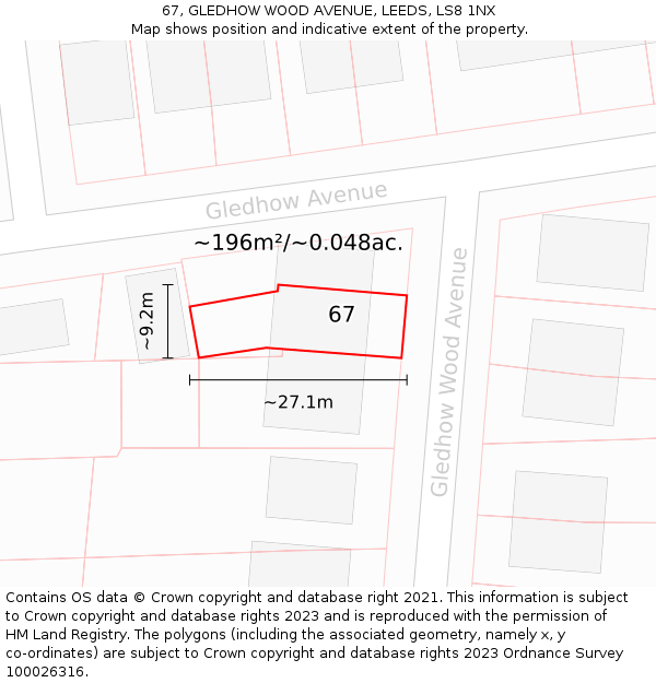 67, GLEDHOW WOOD AVENUE, LEEDS, LS8 1NX: Plot and title map