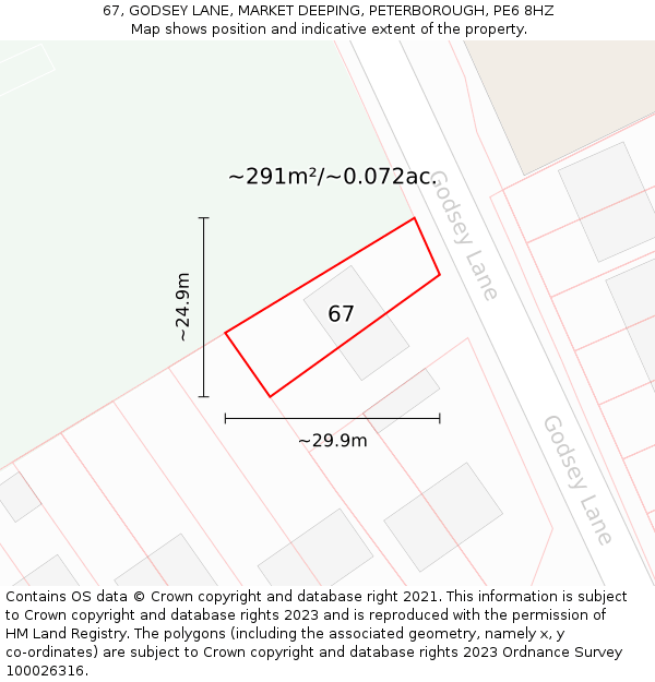 67, GODSEY LANE, MARKET DEEPING, PETERBOROUGH, PE6 8HZ: Plot and title map