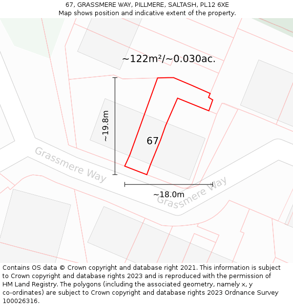 67, GRASSMERE WAY, PILLMERE, SALTASH, PL12 6XE: Plot and title map