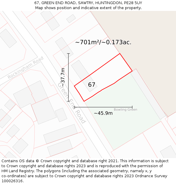 67, GREEN END ROAD, SAWTRY, HUNTINGDON, PE28 5UY: Plot and title map