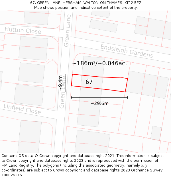 67, GREEN LANE, HERSHAM, WALTON-ON-THAMES, KT12 5EZ: Plot and title map