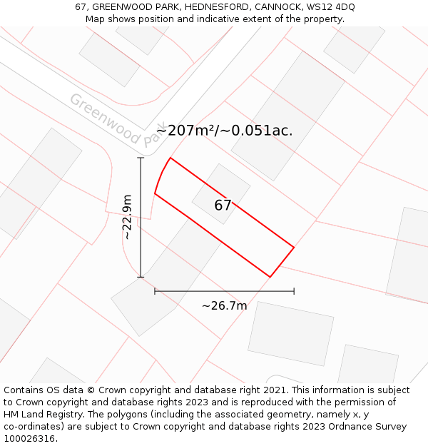 67, GREENWOOD PARK, HEDNESFORD, CANNOCK, WS12 4DQ: Plot and title map