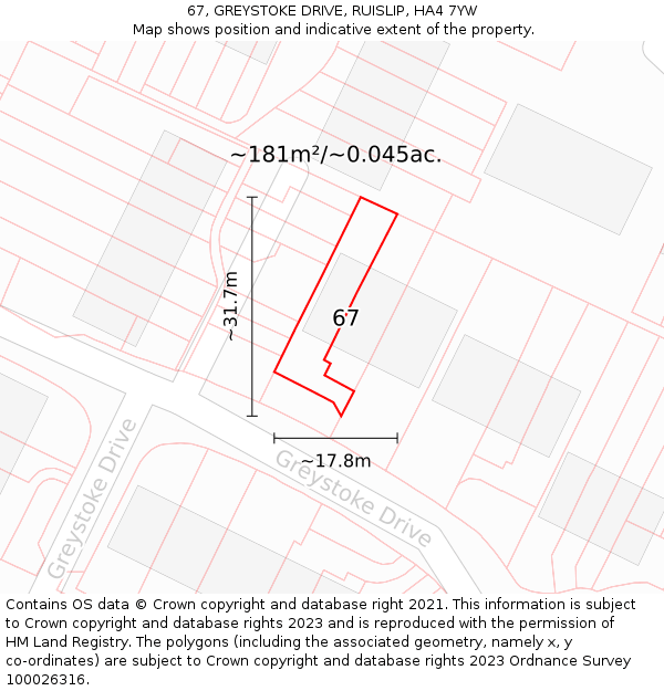 67, GREYSTOKE DRIVE, RUISLIP, HA4 7YW: Plot and title map