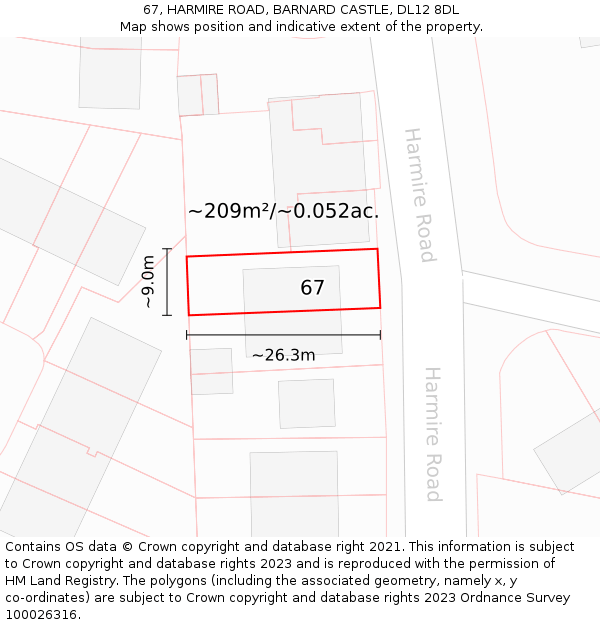 67, HARMIRE ROAD, BARNARD CASTLE, DL12 8DL: Plot and title map