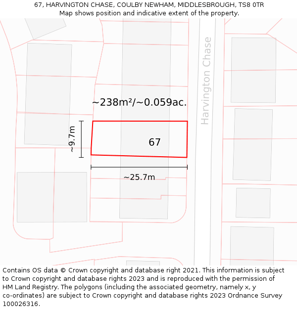 67, HARVINGTON CHASE, COULBY NEWHAM, MIDDLESBROUGH, TS8 0TR: Plot and title map