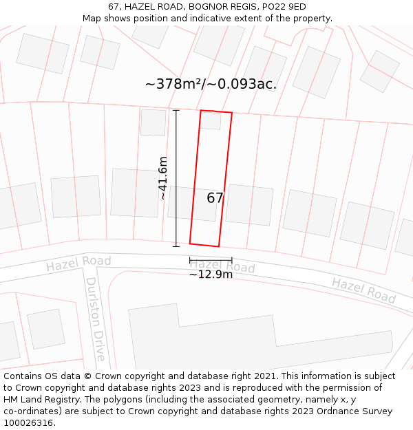 67, HAZEL ROAD, BOGNOR REGIS, PO22 9ED: Plot and title map