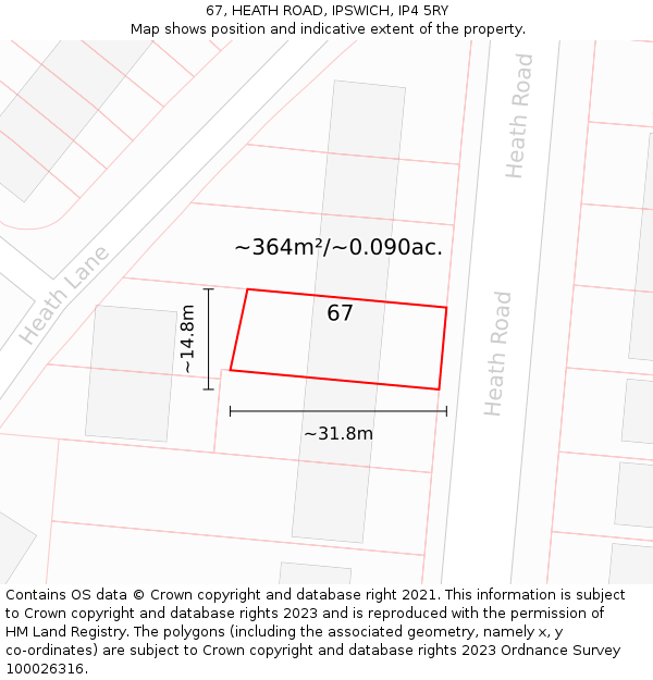 67, HEATH ROAD, IPSWICH, IP4 5RY: Plot and title map