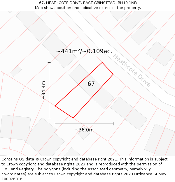 67, HEATHCOTE DRIVE, EAST GRINSTEAD, RH19 1NB: Plot and title map