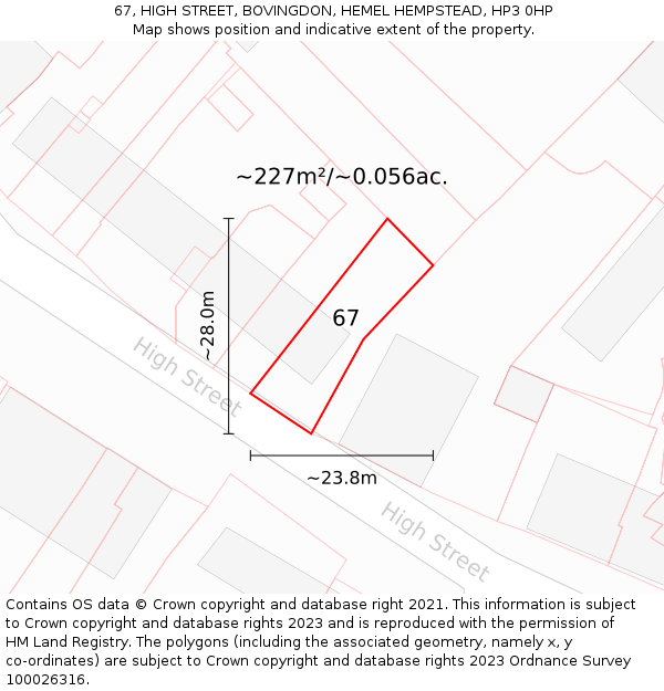 67, HIGH STREET, BOVINGDON, HEMEL HEMPSTEAD, HP3 0HP: Plot and title map