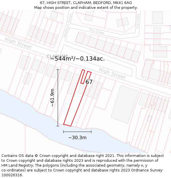 67, HIGH STREET, CLAPHAM, BEDFORD, MK41 6AG: Plot and title map