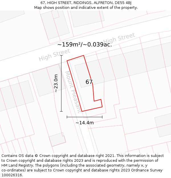 67, HIGH STREET, RIDDINGS, ALFRETON, DE55 4BJ: Plot and title map