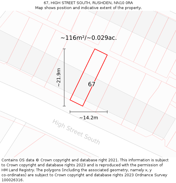 67, HIGH STREET SOUTH, RUSHDEN, NN10 0RA: Plot and title map