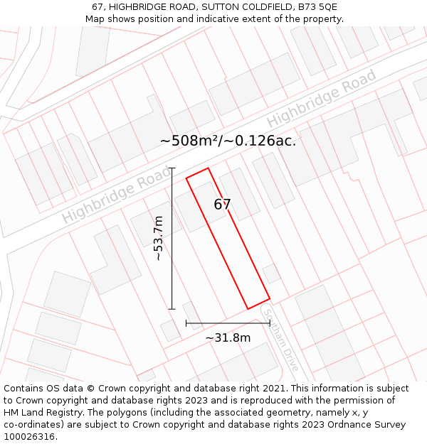 67, HIGHBRIDGE ROAD, SUTTON COLDFIELD, B73 5QE: Plot and title map