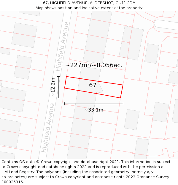 67, HIGHFIELD AVENUE, ALDERSHOT, GU11 3DA: Plot and title map