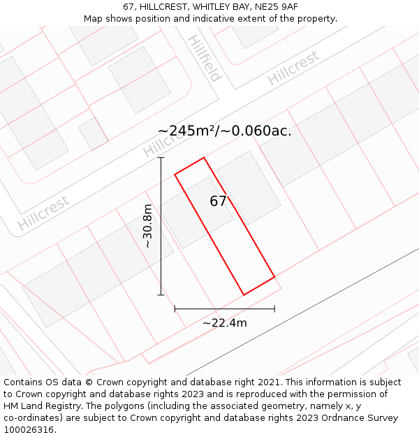 67, HILLCREST, WHITLEY BAY, NE25 9AF: Plot and title map