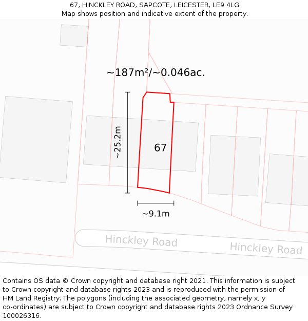 67, HINCKLEY ROAD, SAPCOTE, LEICESTER, LE9 4LG: Plot and title map