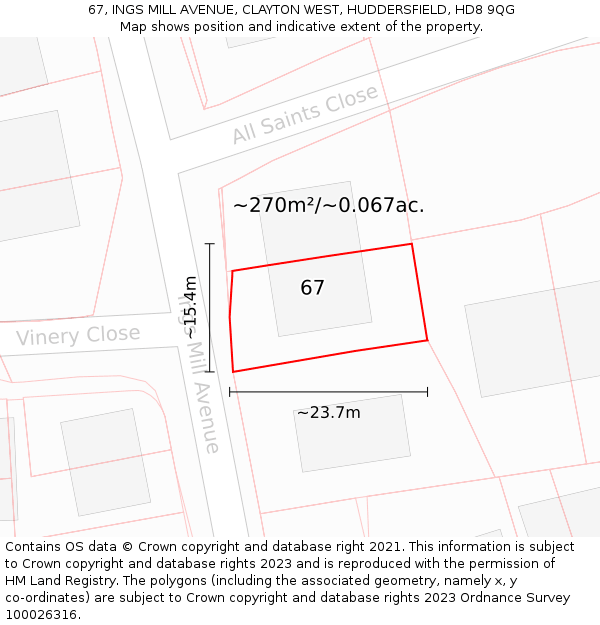 67, INGS MILL AVENUE, CLAYTON WEST, HUDDERSFIELD, HD8 9QG: Plot and title map