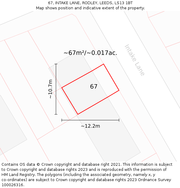 67, INTAKE LANE, RODLEY, LEEDS, LS13 1BT: Plot and title map