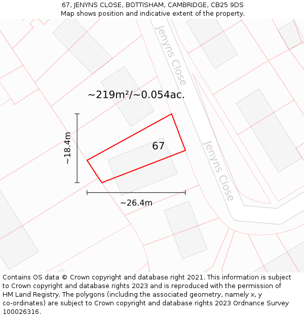 67, JENYNS CLOSE, BOTTISHAM, CAMBRIDGE, CB25 9DS: Plot and title map